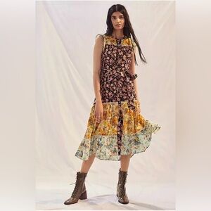 Anthropologie Patchwork Floral Prairie Midi Dress XS Romantic Boho Cottagecore